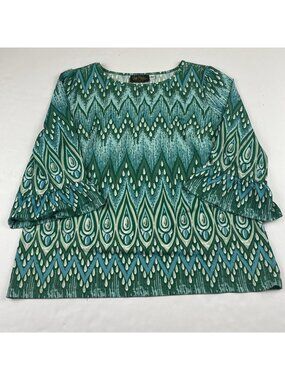 Bob Mackie Wearable Art Boho Top Women’s M 3/4 Bell Sleeve Green Blue Stretch